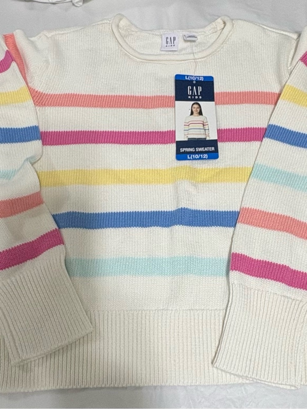 GAP Cream Crewneck Sweater with Multicolor Pastel Stripes